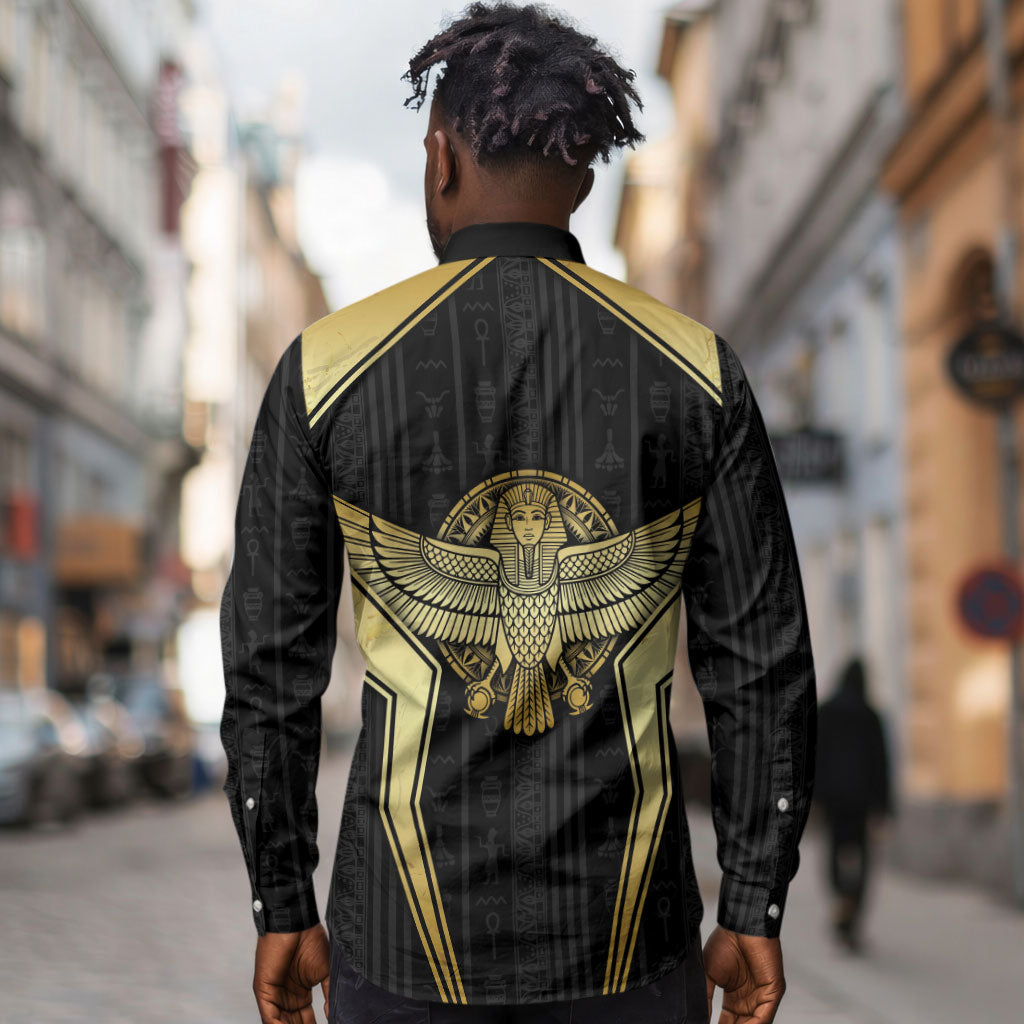 Egypt BA Long Sleeve Button Shirt Winged Pharaoh Hieroglyphic Patterns