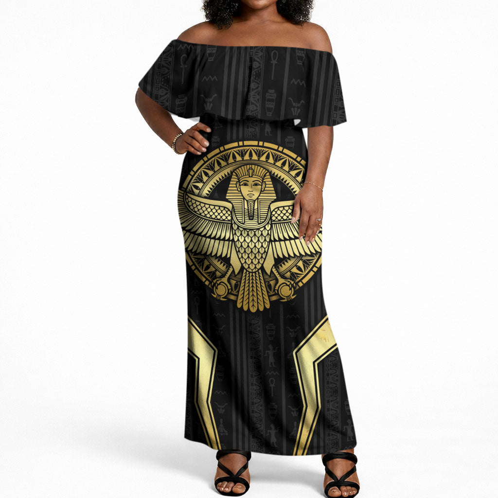 Egypt BA Off Shoulder Maxi Dress Winged Pharaoh Hieroglyphic Patterns