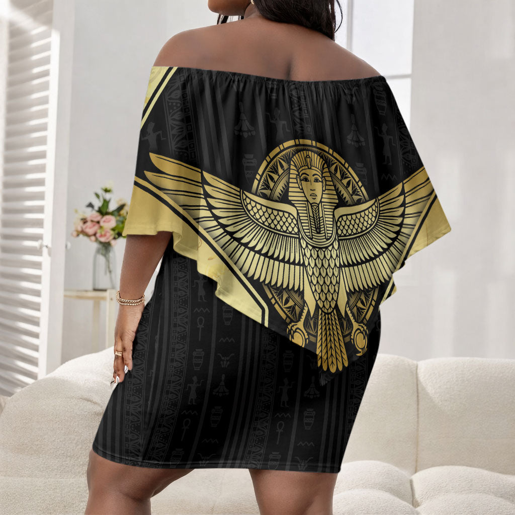 Egypt BA Off Shoulder Short Dress Winged Pharaoh Hieroglyphic Patterns