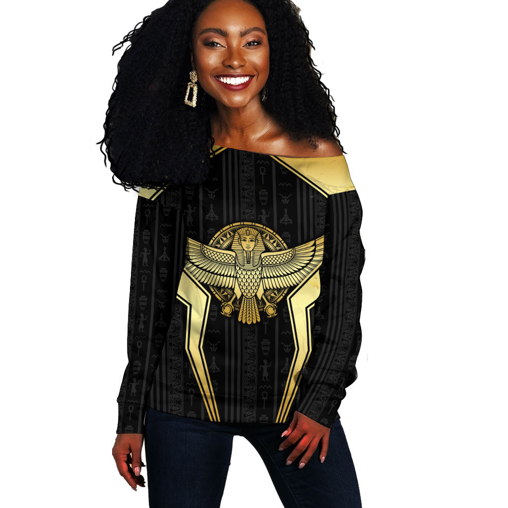 Egypt BA Off Shoulder Sweater Winged Pharaoh Hieroglyphic Patterns