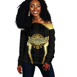 Egypt BA Off Shoulder Sweater Winged Pharaoh Hieroglyphic Patterns
