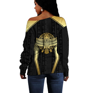 Egypt BA Off Shoulder Sweater Winged Pharaoh Hieroglyphic Patterns