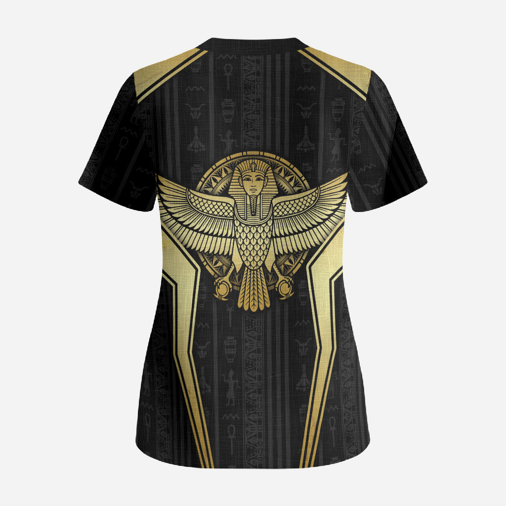 Egypt BA Scrub Top Winged Pharaoh Hieroglyphic Patterns