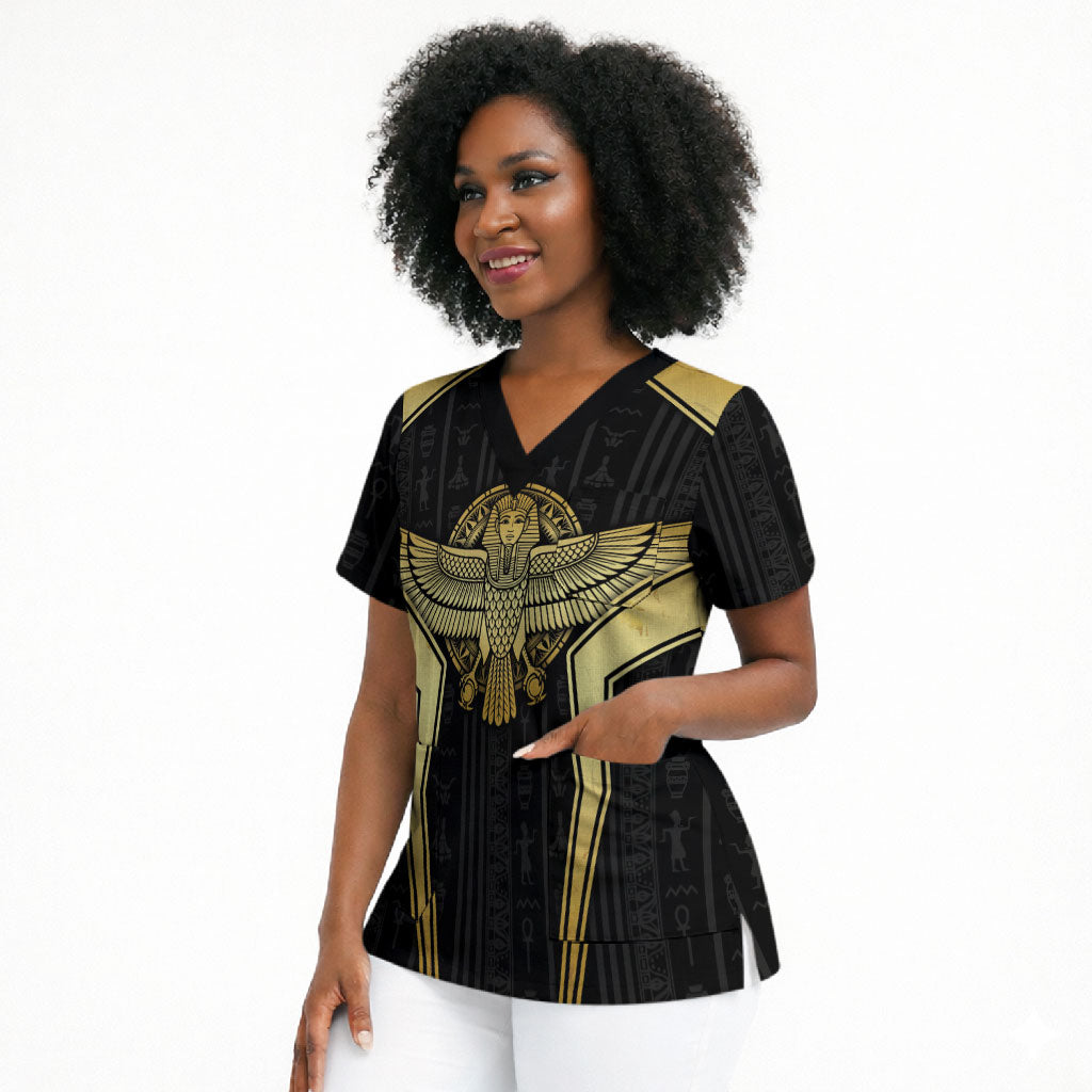 Egypt BA Scrub Top Winged Pharaoh Hieroglyphic Patterns