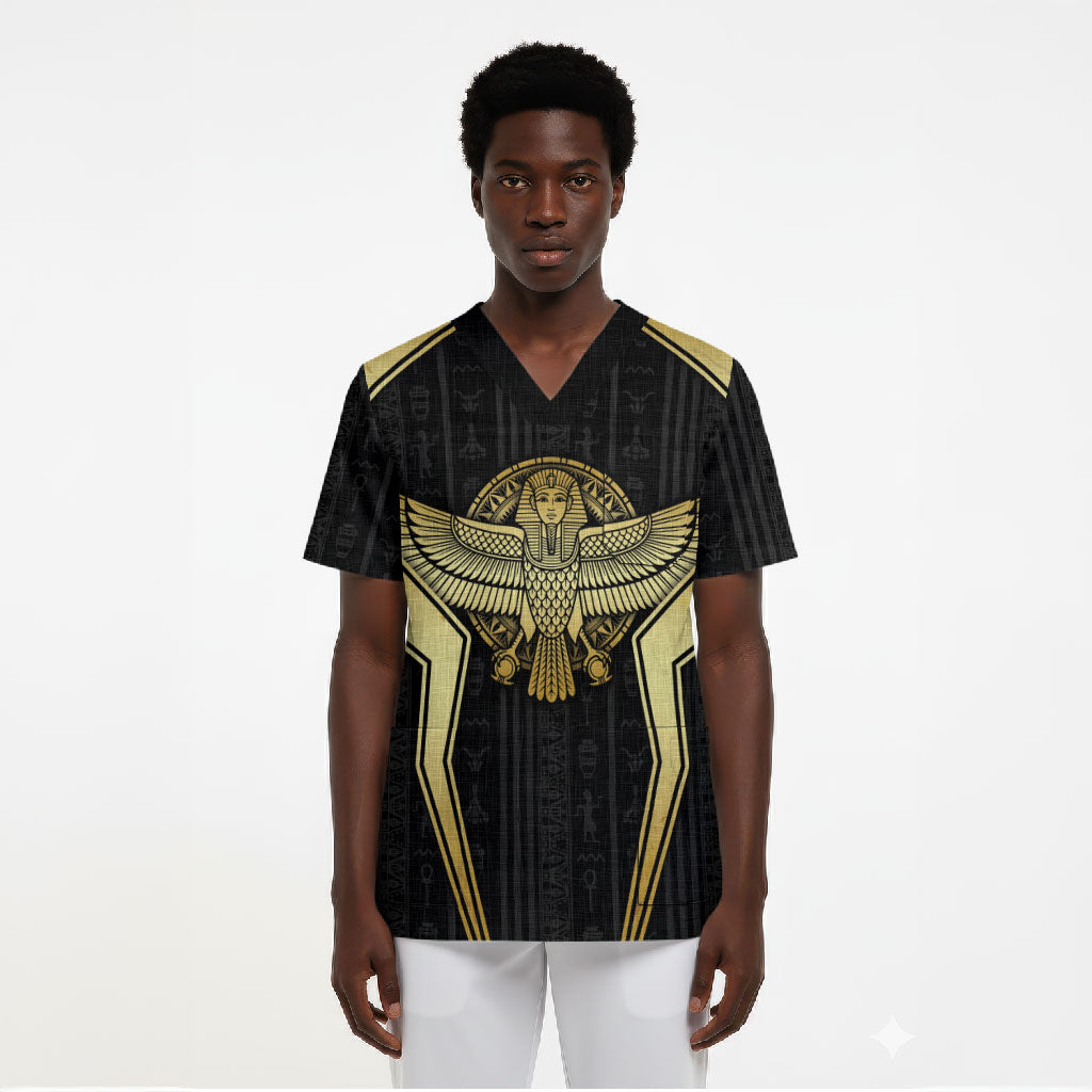 Egypt BA Scrub Top Winged Pharaoh Hieroglyphic Patterns