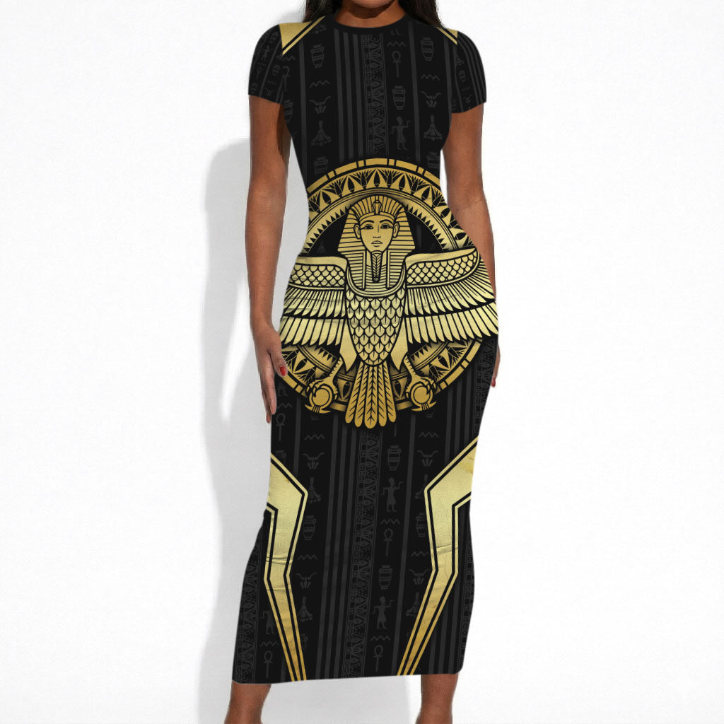 Egypt BA Short Sleeve Bodycon Dress Winged Pharaoh Hieroglyphic Patterns
