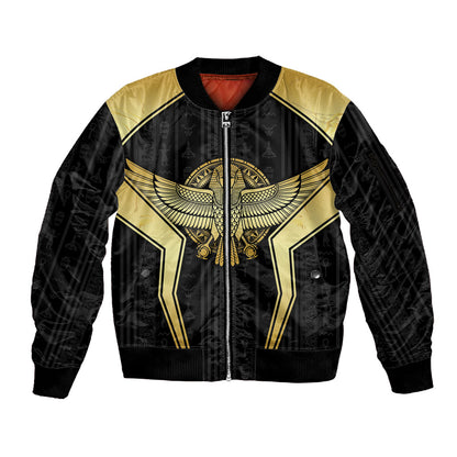 Egypt BA Sleeve Zip Bomber Jacket Winged Pharaoh Hieroglyphic Patterns