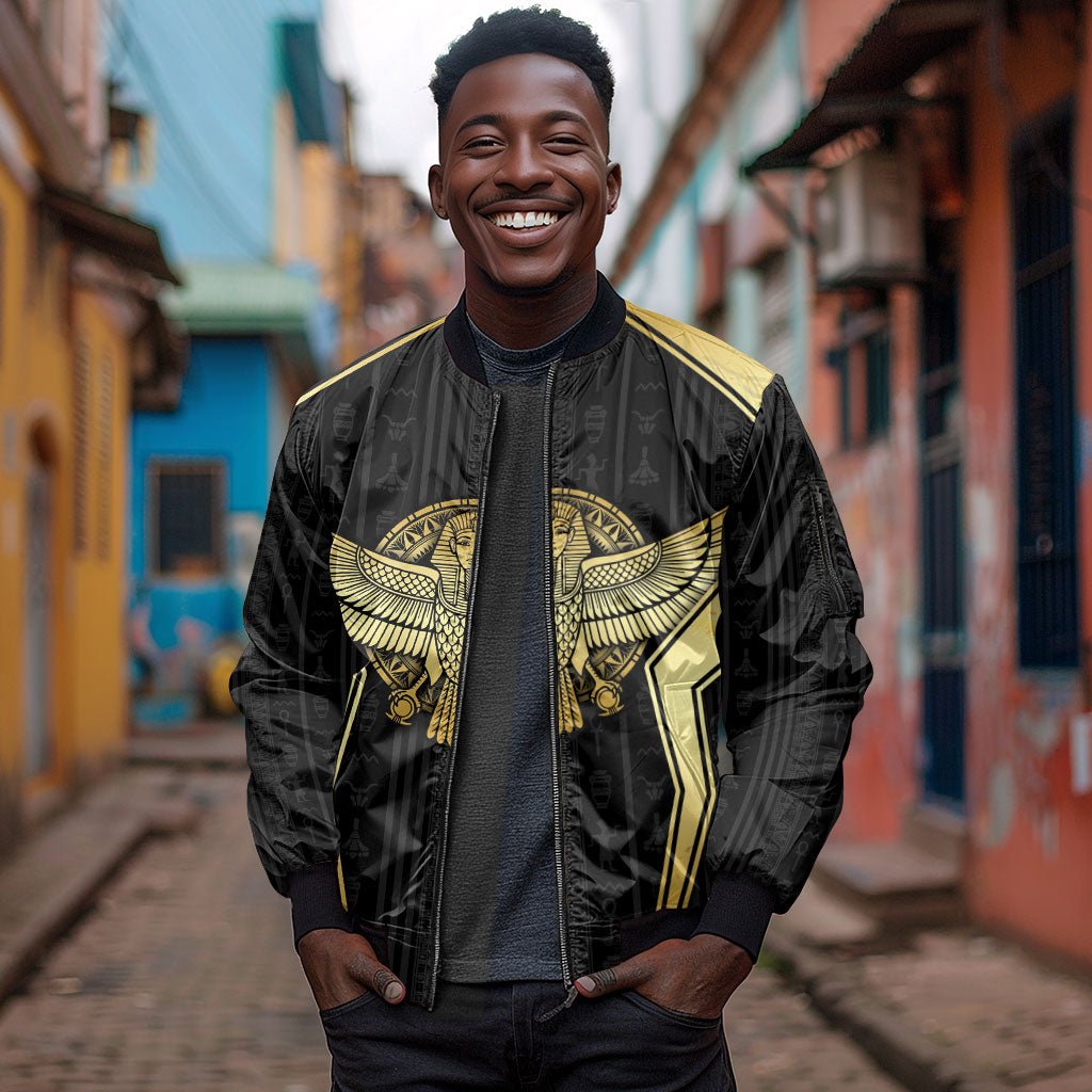 Egypt BA Sleeve Zip Bomber Jacket Winged Pharaoh Hieroglyphic Patterns