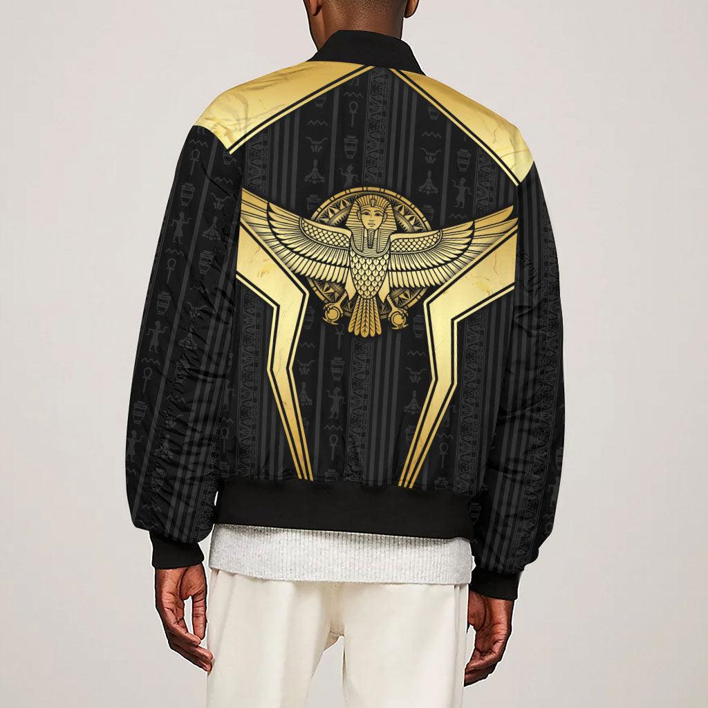 Egypt BA Sleeve Zip Bomber Jacket Winged Pharaoh Hieroglyphic Patterns