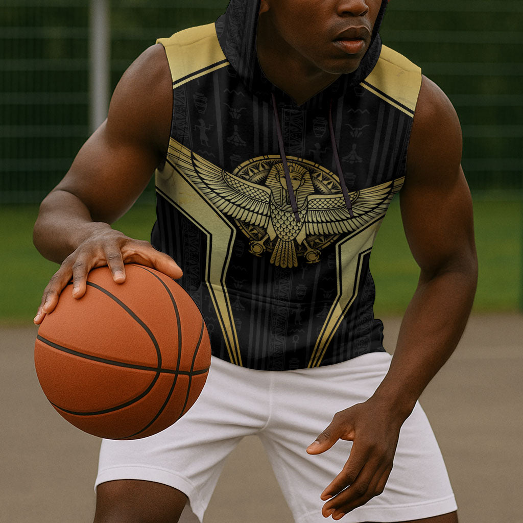 Egypt BA Sleeveless Hoodie Winged Pharaoh Hieroglyphic Patterns