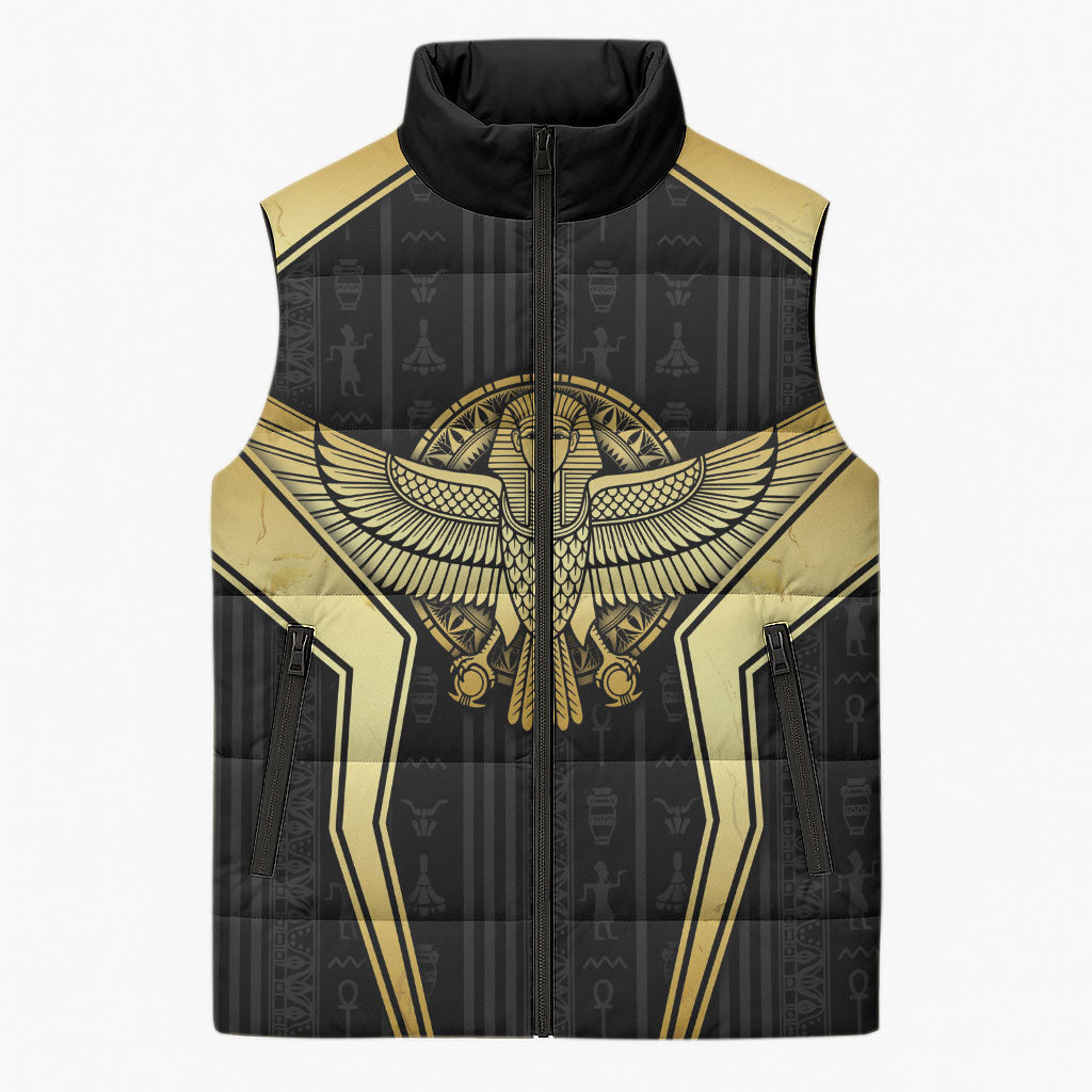 Egypt BA Sleeveless Puffer Jacket Winged Pharaoh Hieroglyphic Patterns