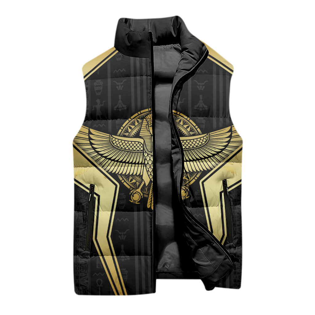Egypt BA Sleeveless Puffer Jacket Winged Pharaoh Hieroglyphic Patterns