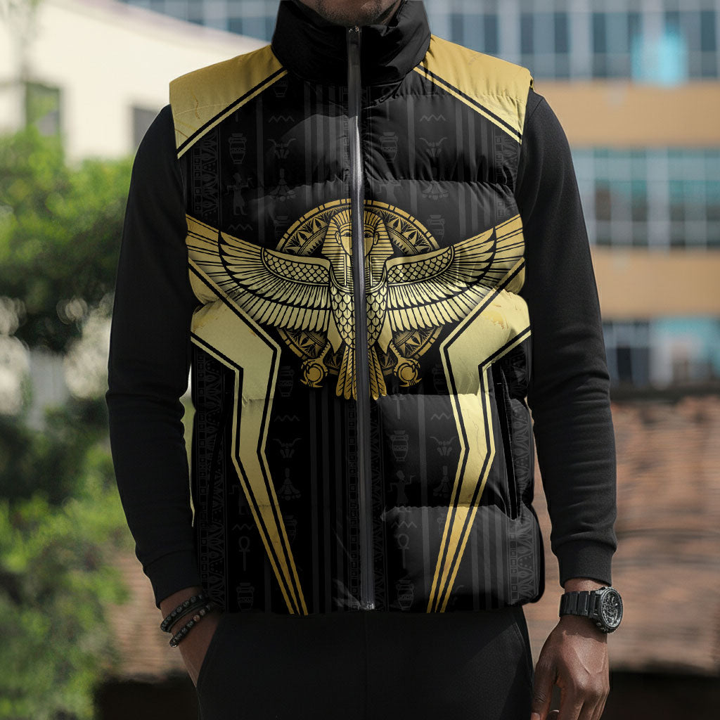 Egypt BA Sleeveless Puffer Jacket Winged Pharaoh Hieroglyphic Patterns