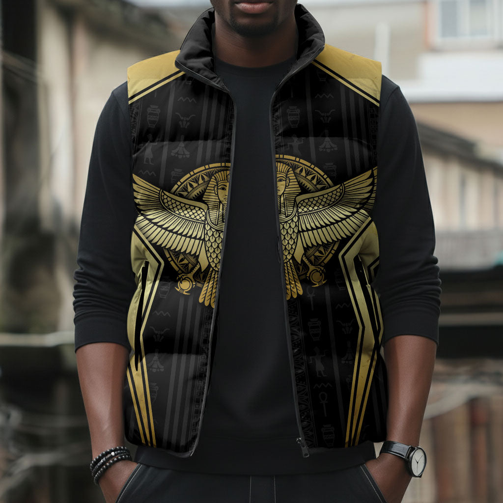 Egypt BA Sleeveless Puffer Jacket Winged Pharaoh Hieroglyphic Patterns