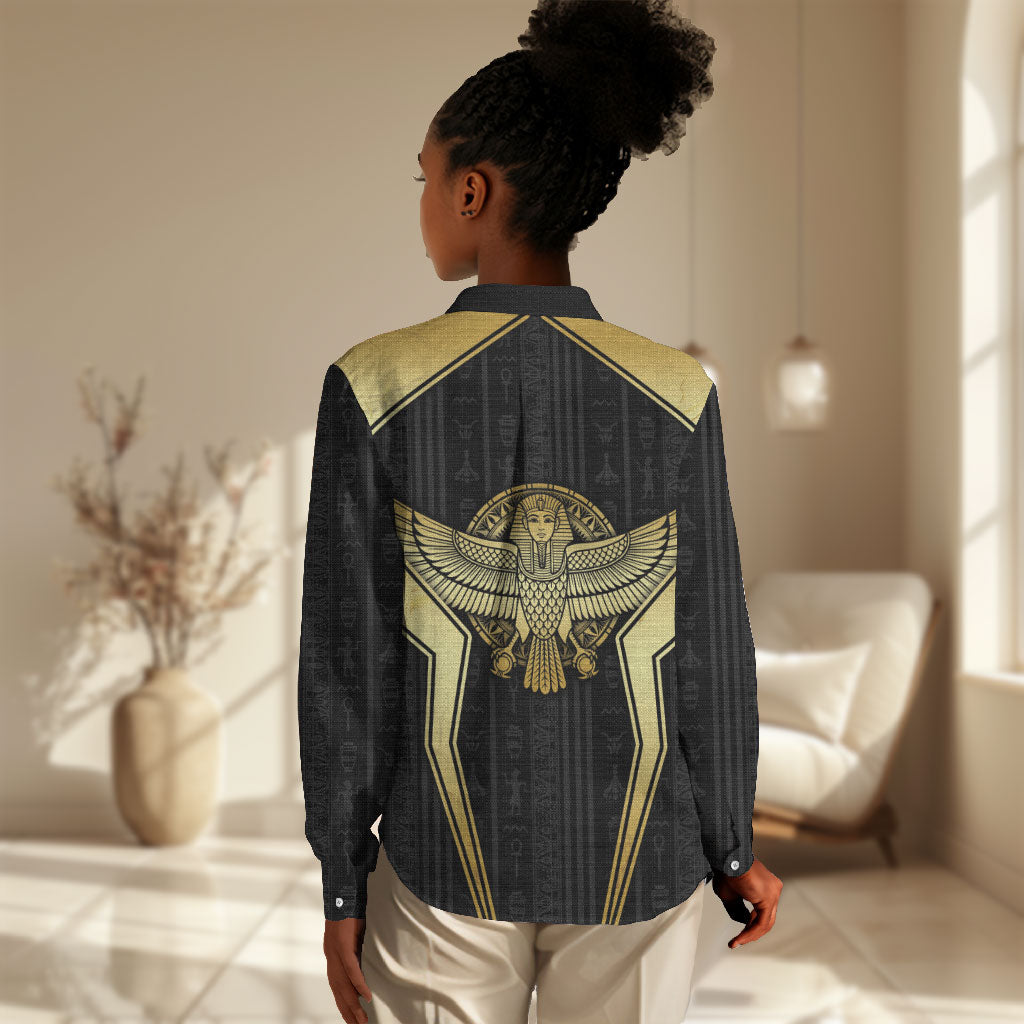 Egypt BA Women Casual Shirt Winged Pharaoh Hieroglyphic Patterns