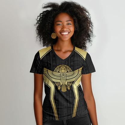 Egypt BA Women V-Neck T-Shirt Winged Pharaoh Hieroglyphic Patterns