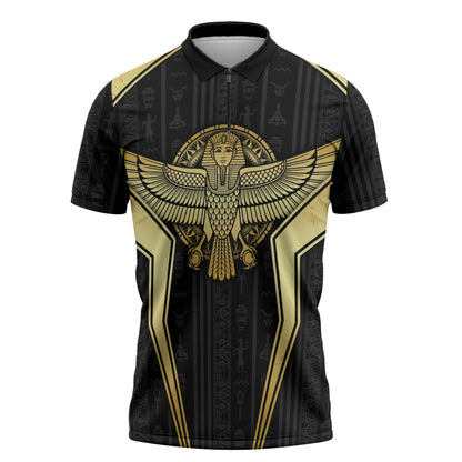 Egypt BA Zipper Polo Shirt Winged Pharaoh Hieroglyphic Patterns