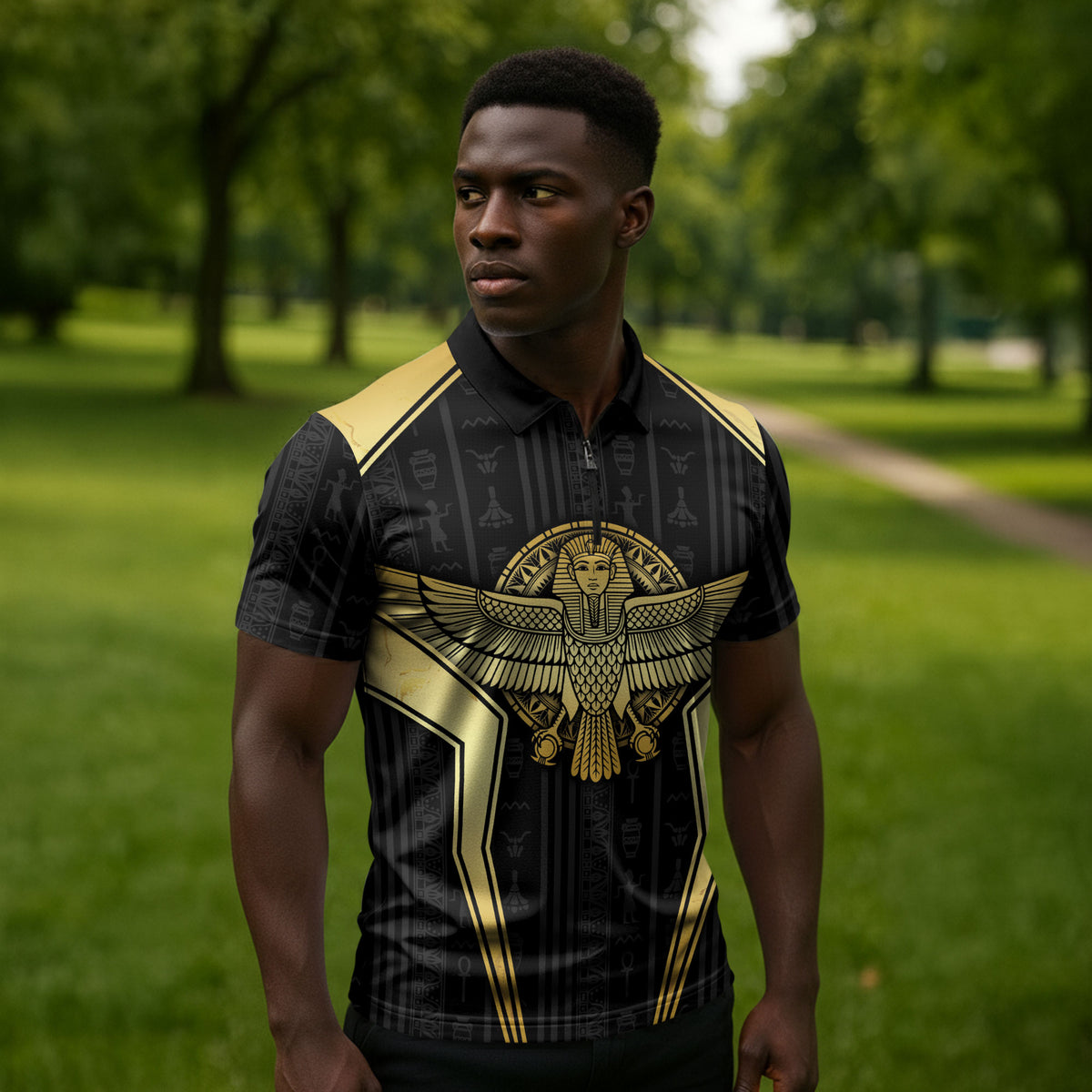 Egypt BA Zipper Polo Shirt Winged Pharaoh Hieroglyphic Patterns
