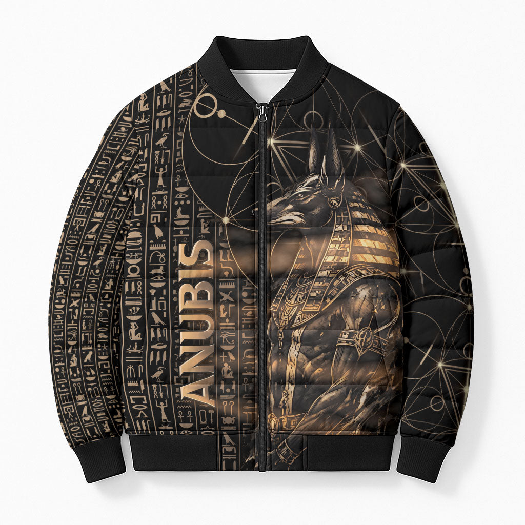 Personalized Egyptian God Anubis Bomber Puffer Jacket Jackal Headed Deity Ancient Egypt Mythology Gilded