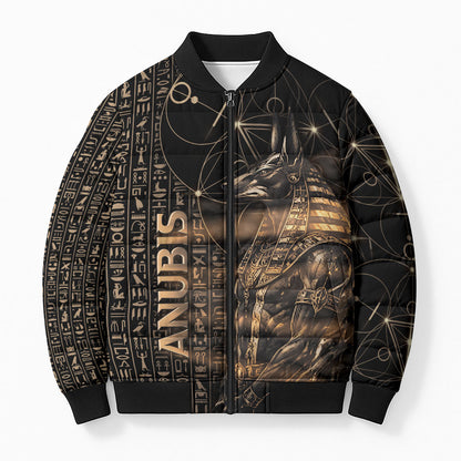 Personalized Egyptian God Anubis Bomber Puffer Jacket Jackal Headed Deity Ancient Egypt Mythology Gilded