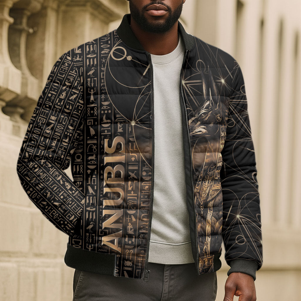 Personalized Egyptian God Anubis Bomber Puffer Jacket Jackal Headed Deity Ancient Egypt Mythology Gilded
