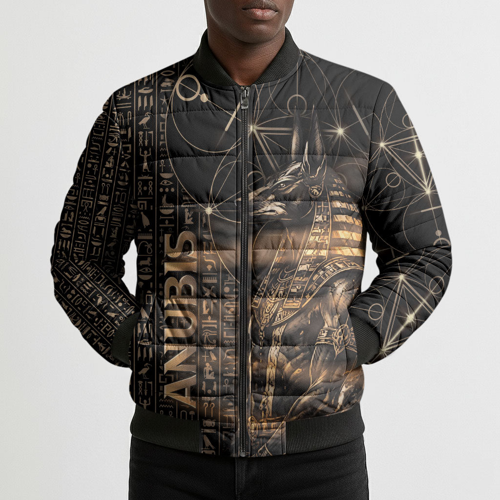 Personalized Egyptian God Anubis Bomber Puffer Jacket Jackal Headed Deity Ancient Egypt Mythology Gilded