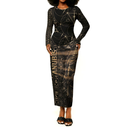 Personalized Egyptian God Anubis Long Sleeve Bodycon Dress Jackal Headed Deity Ancient Egypt Mythology Gilded
