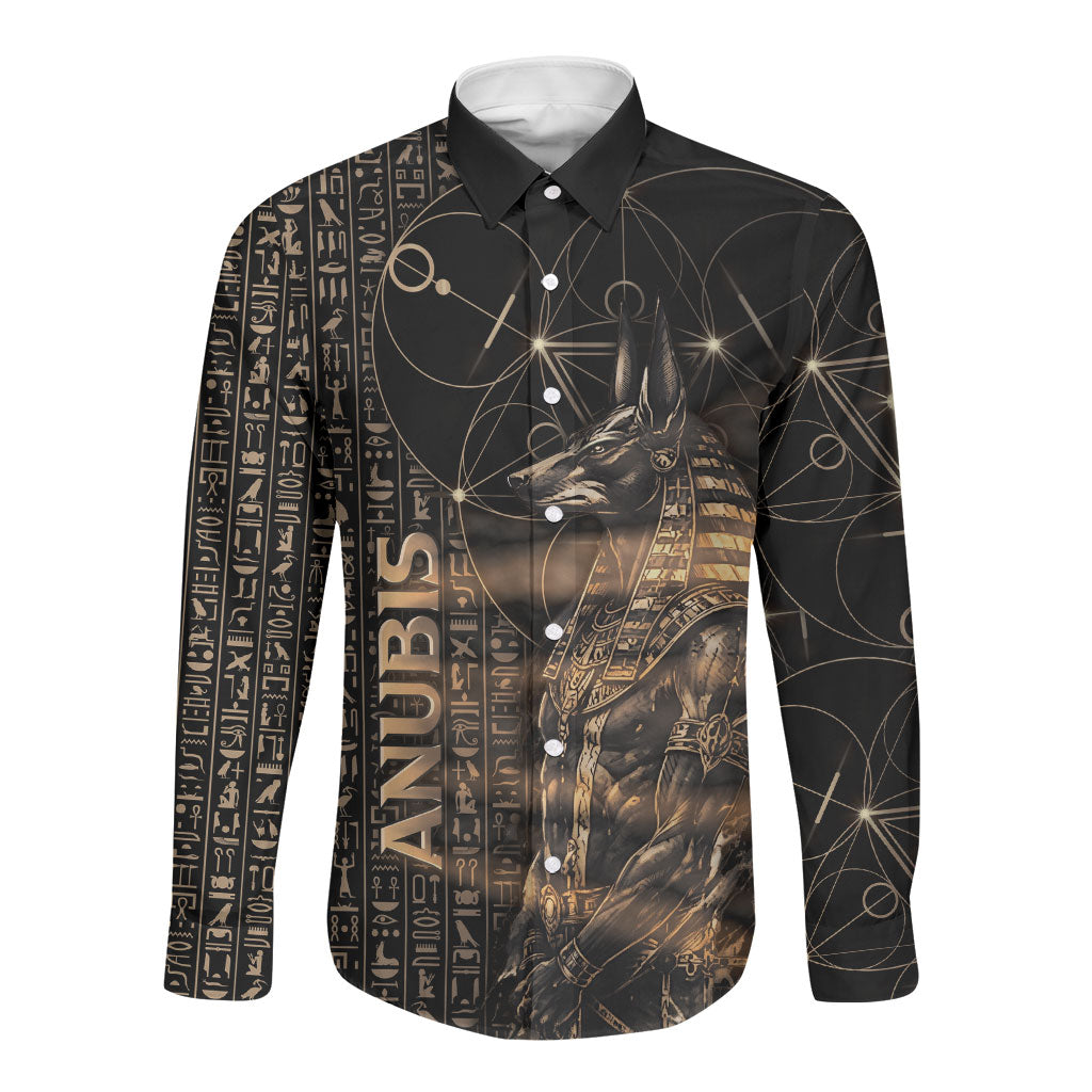 Personalized Egyptian God Anubis Long Sleeve Button Shirt Jackal Headed Deity Ancient Egypt Mythology Gilded