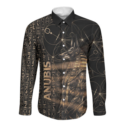 Personalized Egyptian God Anubis Long Sleeve Button Shirt Jackal Headed Deity Ancient Egypt Mythology Gilded