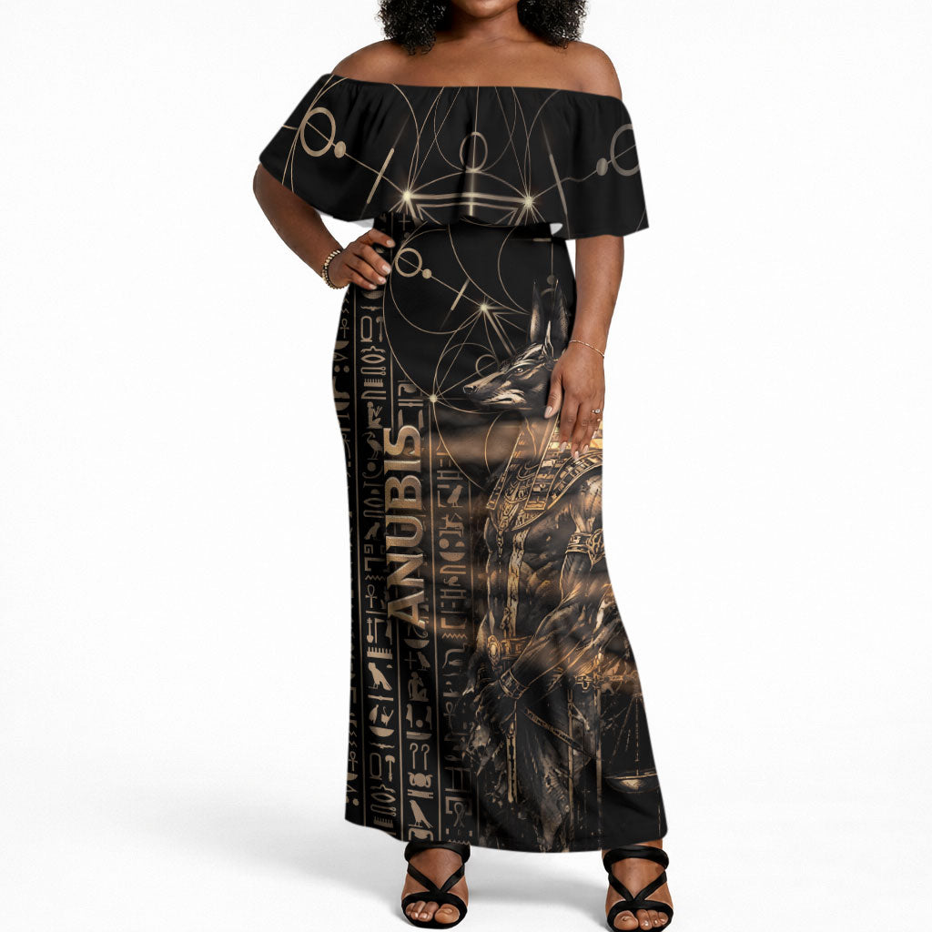 Personalized Egyptian God Anubis Off Shoulder Maxi Dress Jackal Headed Deity Ancient Egypt Mythology Gilded
