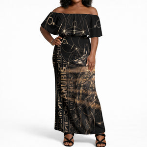 Personalized Egyptian God Anubis Off Shoulder Maxi Dress Jackal Headed Deity Ancient Egypt Mythology Gilded