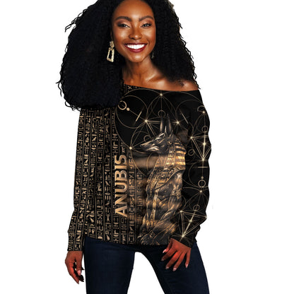Personalized Egyptian God Anubis Off Shoulder Sweater Jackal Headed Deity Ancient Egypt Mythology Gilded