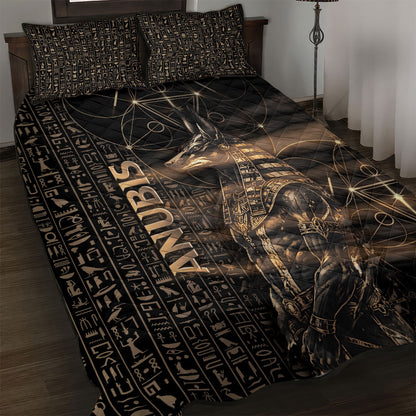 Egyptian God Anubis Quilt Bed Set Jackal Headed Deity Ancient Egypt Mythology Gilded