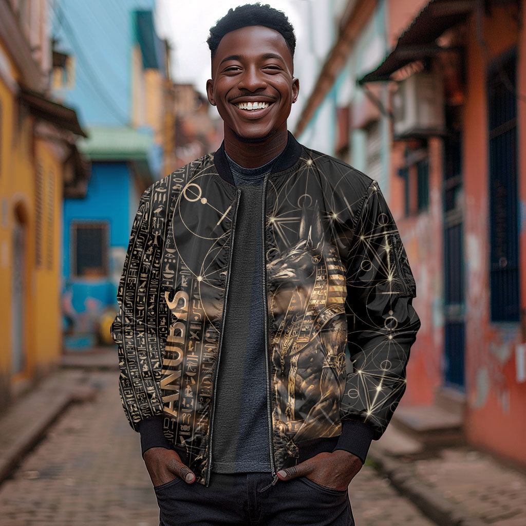Personalized Egyptian God Anubis Sleeve Zip Bomber Jacket Jackal Headed Deity Ancient Egypt Mythology Gilded