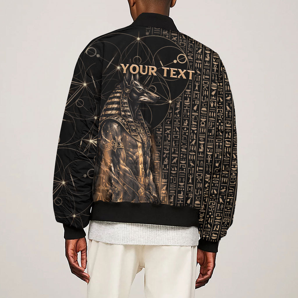 Personalized Egyptian God Anubis Sleeve Zip Bomber Jacket Jackal Headed Deity Ancient Egypt Mythology Gilded