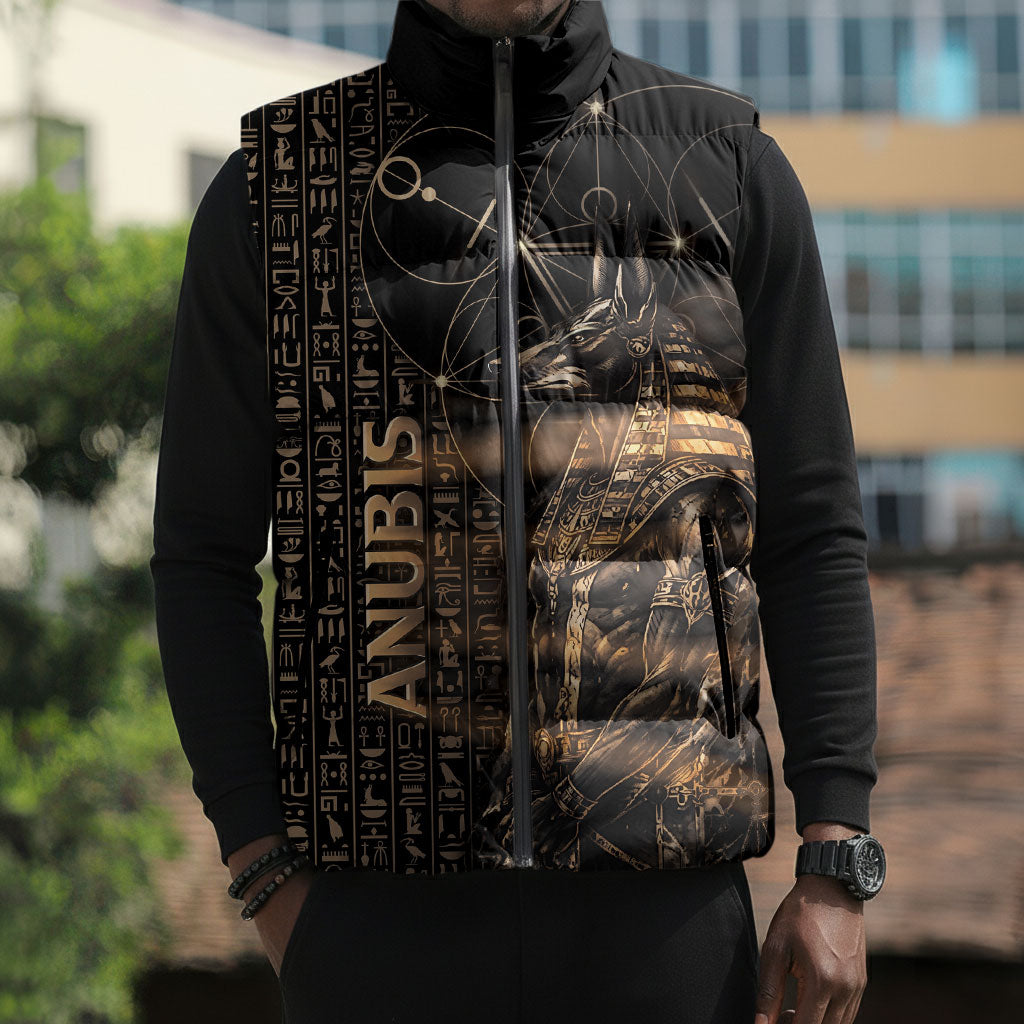 Personalized Egyptian God Anubis Sleeveless Puffer Jacket Jackal Headed Deity Ancient Egypt Mythology Gilded