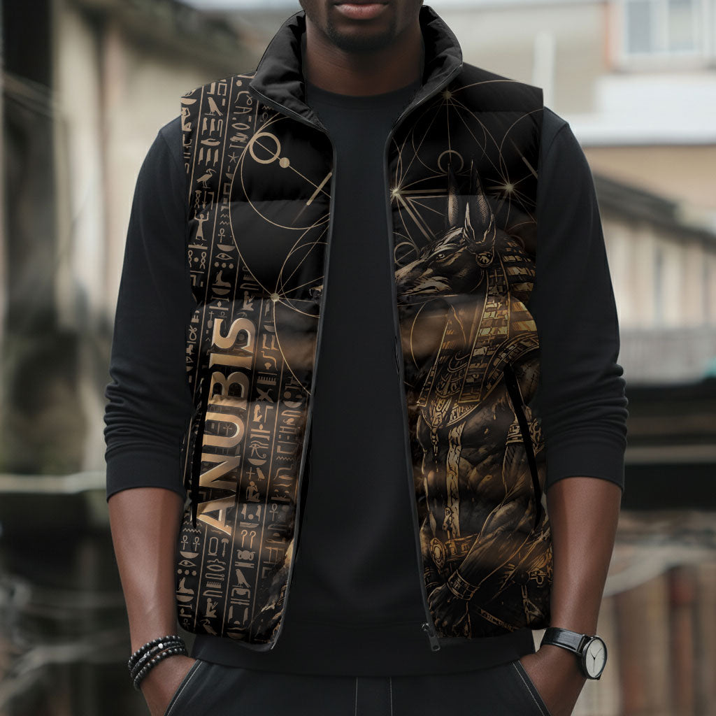 Personalized Egyptian God Anubis Sleeveless Puffer Jacket Jackal Headed Deity Ancient Egypt Mythology Gilded