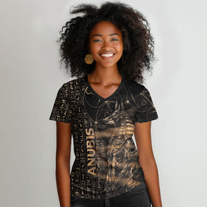 Personalized Egyptian God Anubis Women V-Neck T-Shirt Jackal Headed Deity Ancient Egypt Mythology Gilded