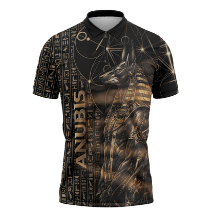 Personalized Egyptian God Anubis Zipper Polo Shirt Jackal Headed Deity Ancient Egypt Mythology Gilded
