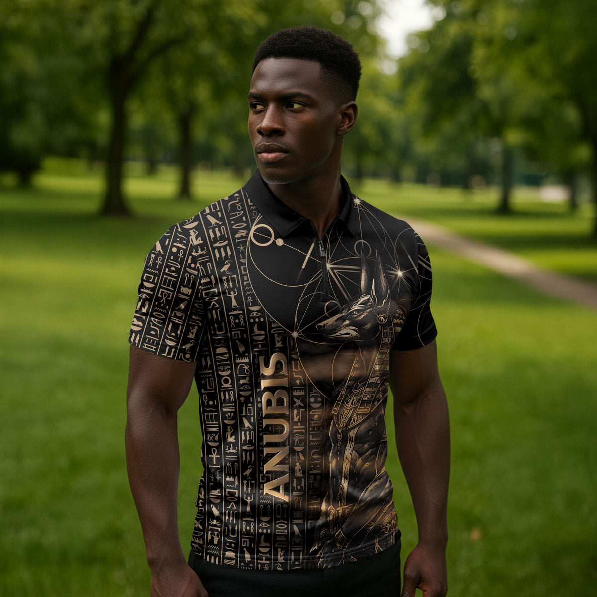 Personalized Egyptian God Anubis Zipper Polo Shirt Jackal Headed Deity Ancient Egypt Mythology Gilded