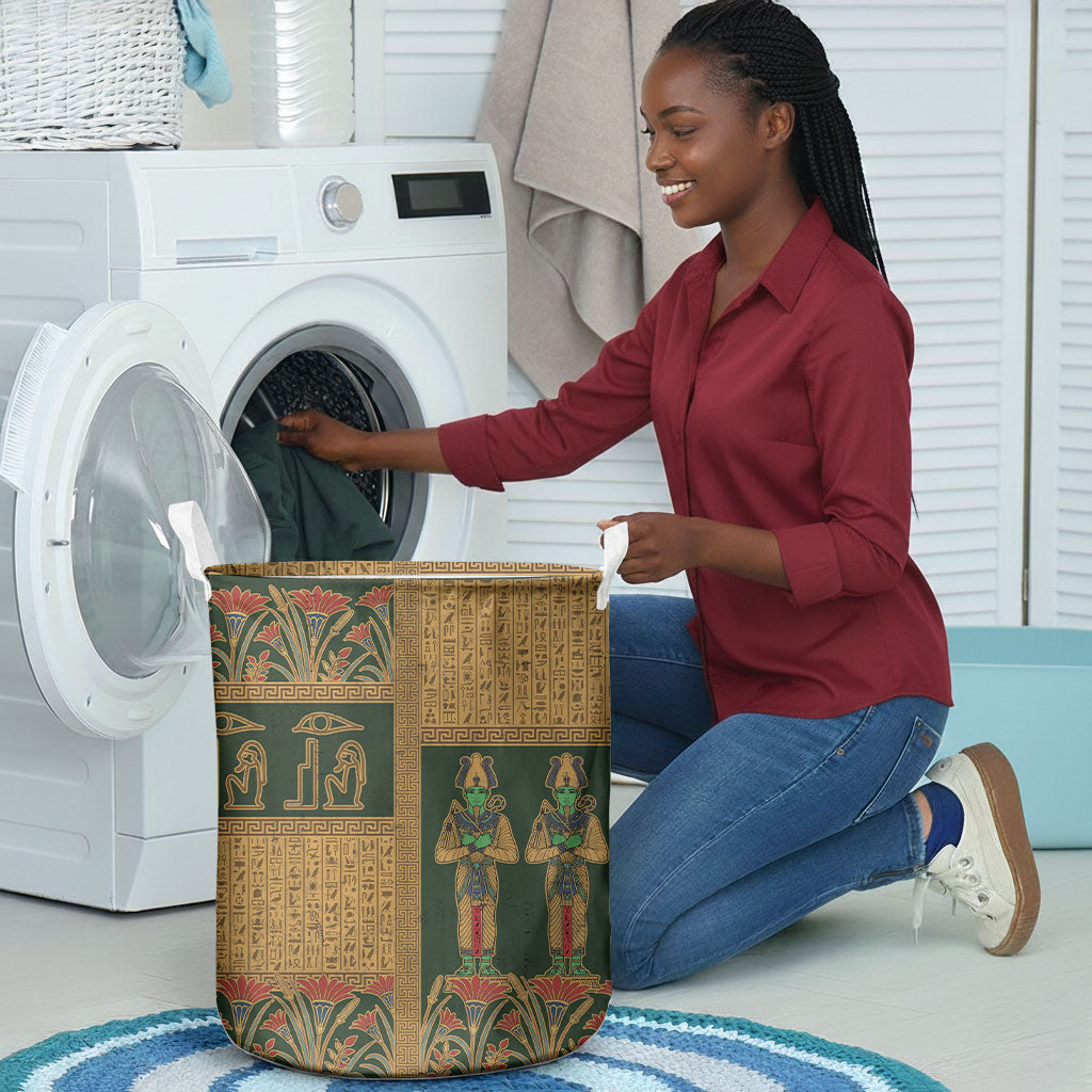 Egyptian God Osiris Laundry Basket Green Pharaonic Hieroglyphic Patterns