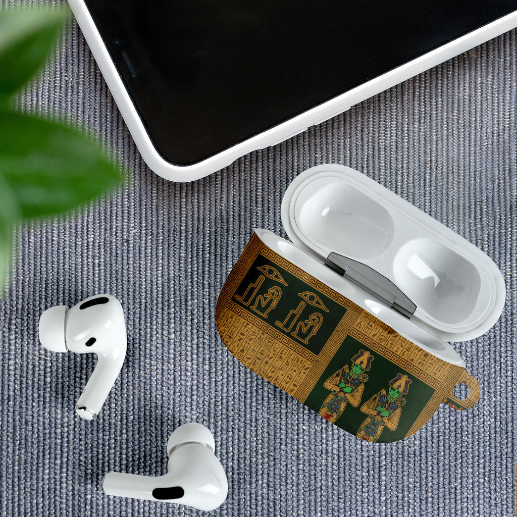 Egyptian God Osiris AirPods Case Green Pharaonic Hieroglyphic Patterns