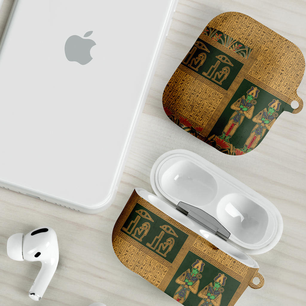 Egyptian God Osiris AirPods Case Green Pharaonic Hieroglyphic Patterns