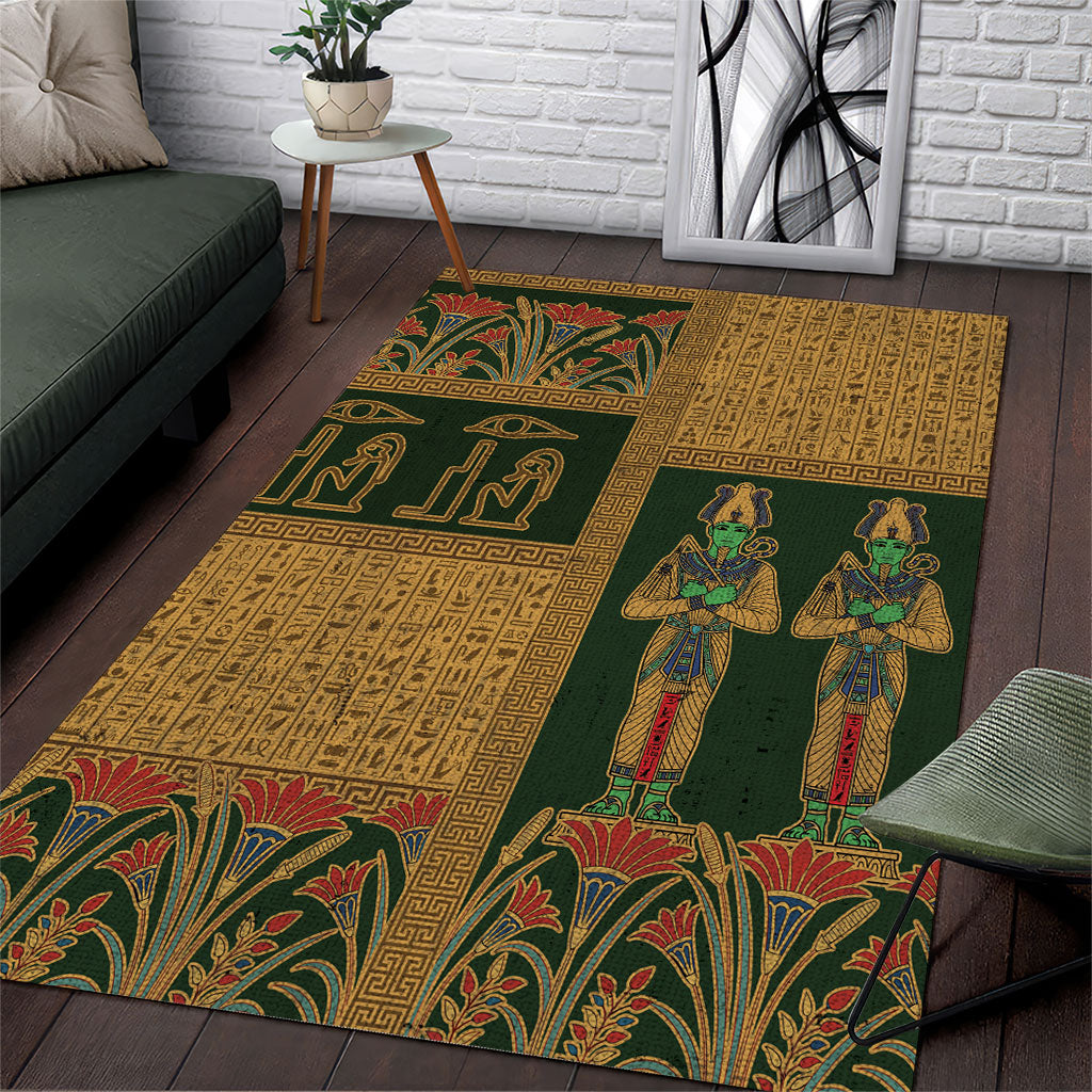 Egyptian God Osiris Area Rug Green Pharaonic Hieroglyphic Patterns
