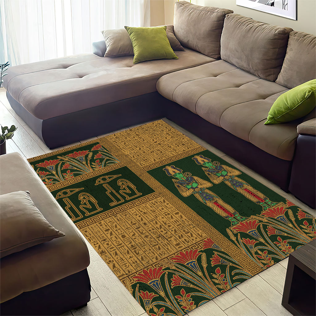 Egyptian God Osiris Area Rug Green Pharaonic Hieroglyphic Patterns
