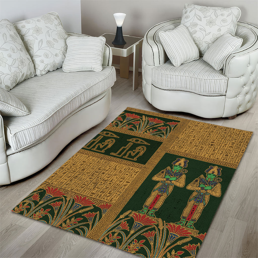 Egyptian God Osiris Area Rug Green Pharaonic Hieroglyphic Patterns