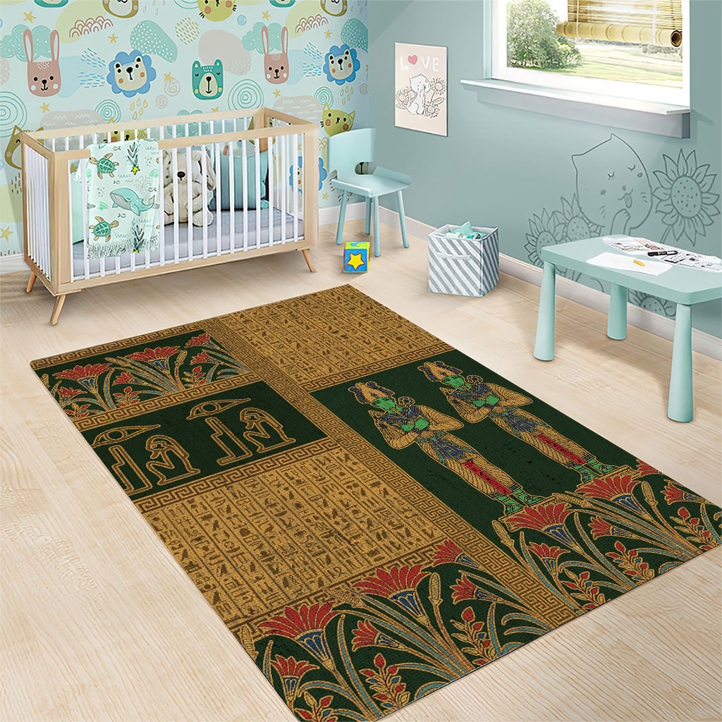 Egyptian God Osiris Area Rug Green Pharaonic Hieroglyphic Patterns