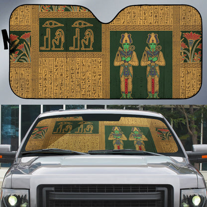 Egyptian God Osiris Auto Sun Shade Green Pharaonic Hieroglyphic Patterns