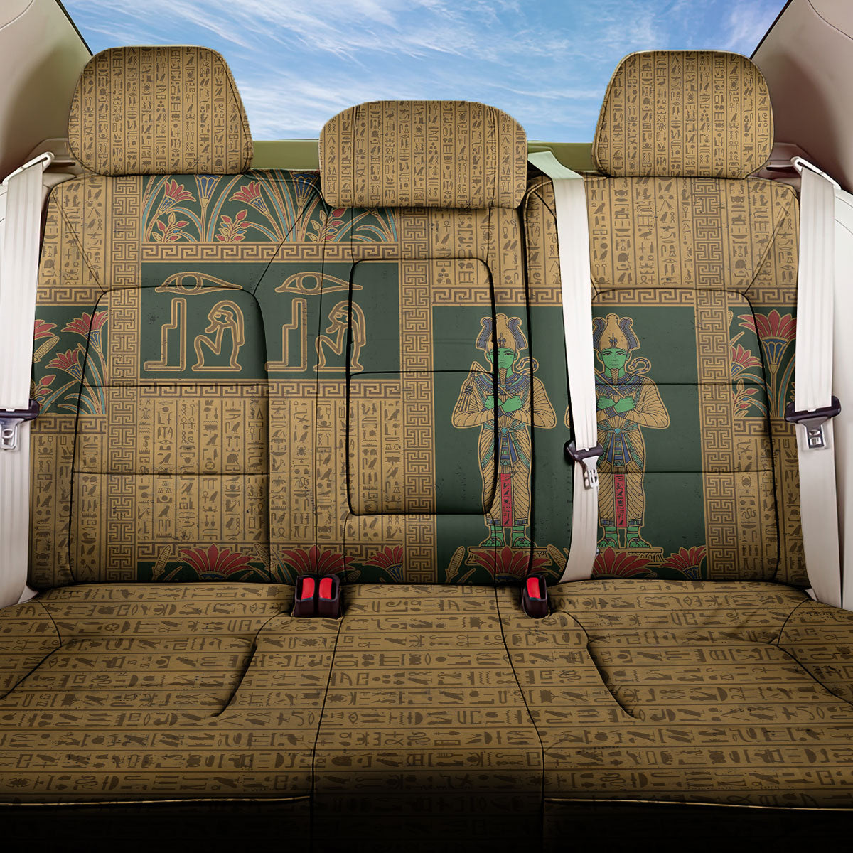 Egyptian God Osiris Back Car Seat Cover Green Pharaonic Hieroglyphic Patterns