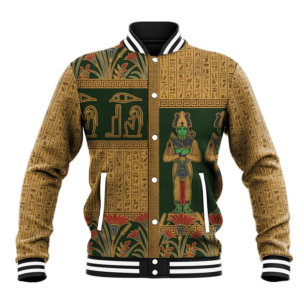 Egyptian God Osiris Baseball Jacket Green Pharaonic Hieroglyphic Patterns